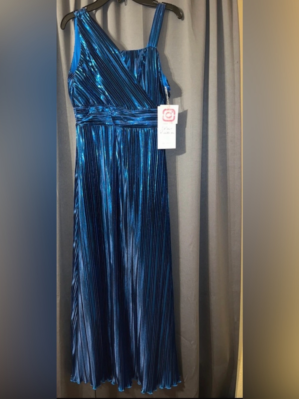 Rare Editions Shimmery Blue Metallic Pleated Formal Dress